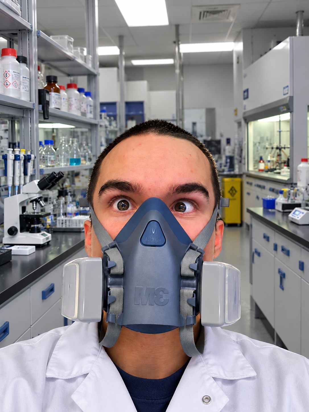 Jeremie dans le lab, masque respiratoire en place, en train de cuisiner